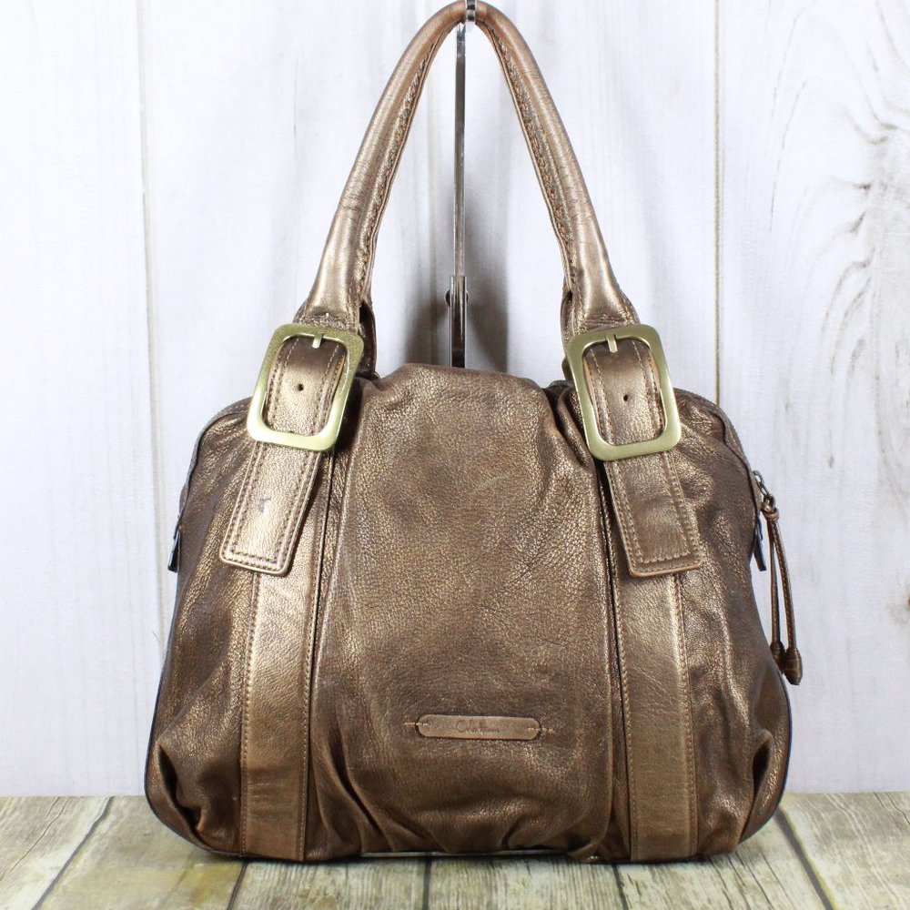 Cole Haan Gold Brown Leather Brass Buckle Double Handles Tote Shoulder Bag - Picture 4 of 12